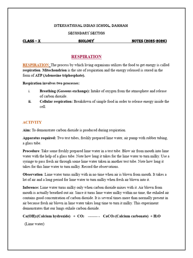 Class X Biology: Respiration Notes | PDF | Cellular Respiration ...
