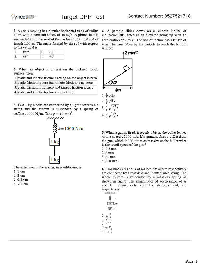 Physics DPP Test Questions and Solutions | PDF | Force | Friction