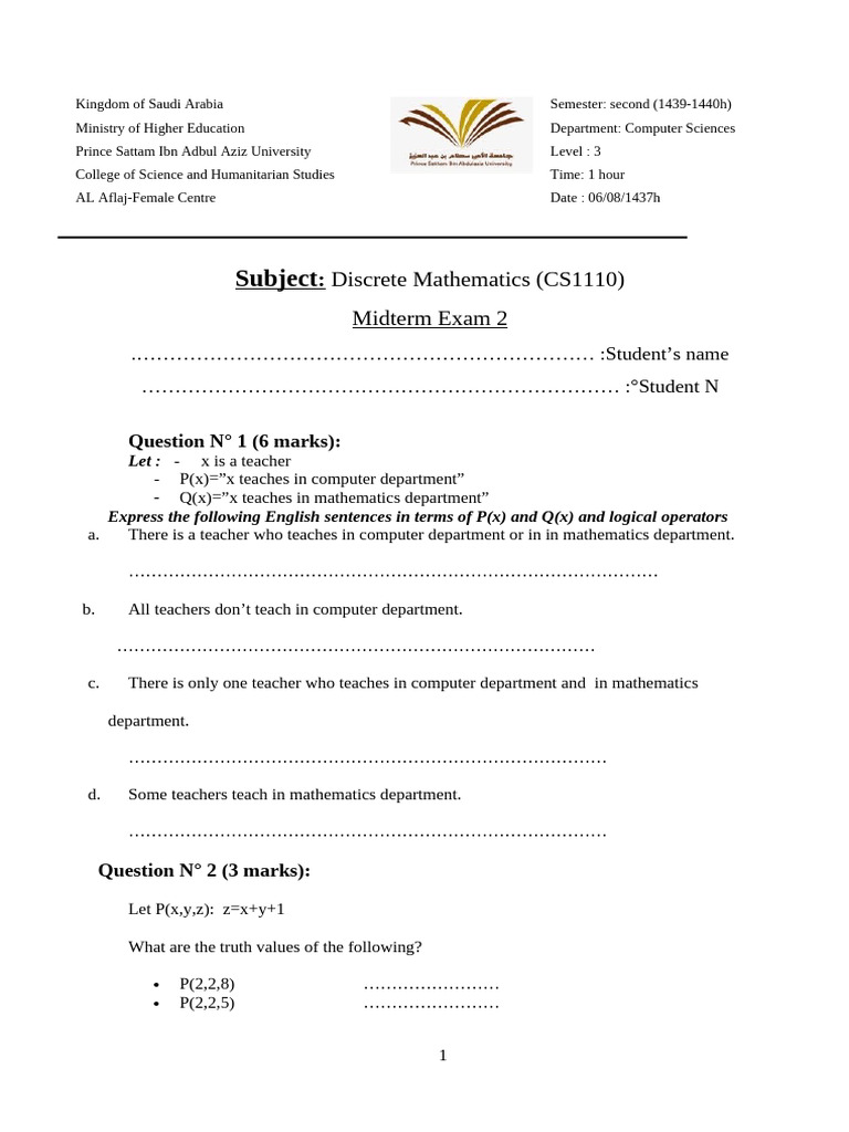 Discrete Mathematics Midterm Exam 2 | PDF | Methodology | Mathematical ...