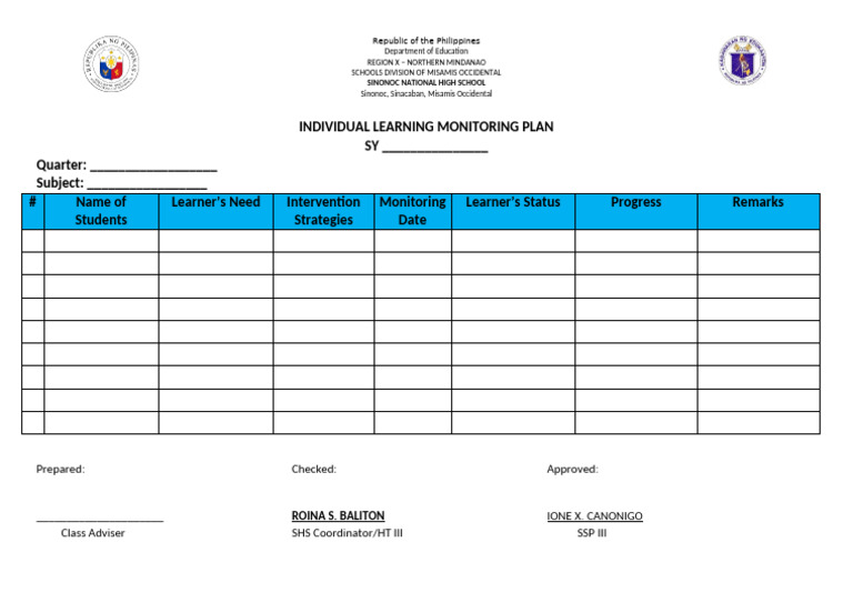 Individual Learning Monitoring Plan Template | PDF