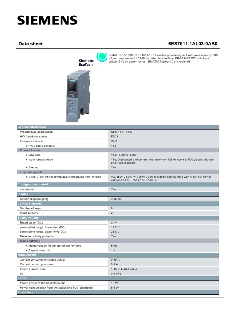Siemens SIMATIC S7-1500 CPU 1511-1 PN | PDF | Network Protocols ...