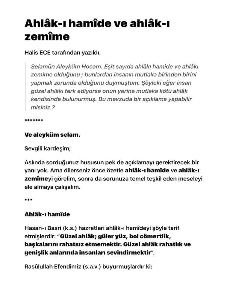 Ahlâk-I Hamîde Ve Ahlâk-I Zemîme | PDF