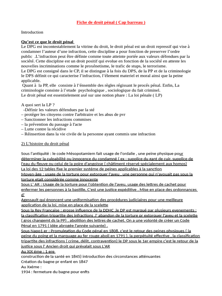 Fiche synthétique sur le droit pénal | PDF | Crimes | Crime et violence