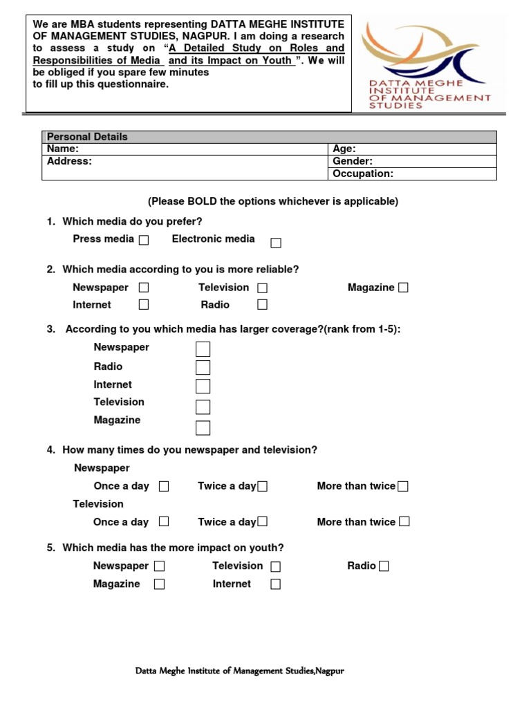 Questionnaire for Media Project Mass Media Television
