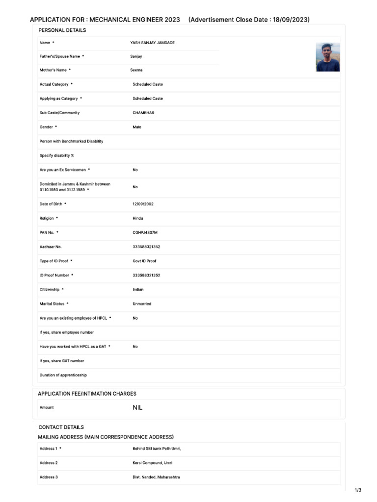HPCL Application Form (Yash J) | PDF