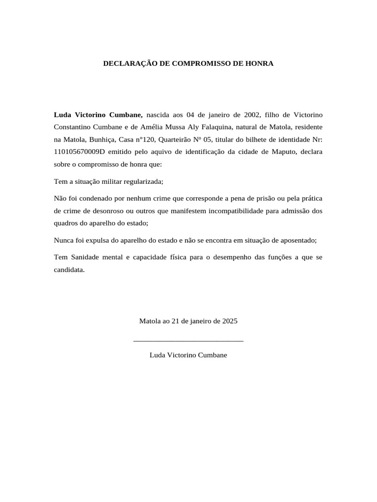 Declaração de Compromisso de Honra | PDF