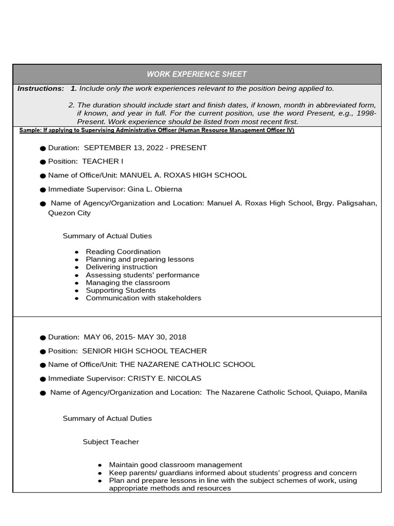 Work Experience Sheet for Teachers | PDF | Teachers | Business