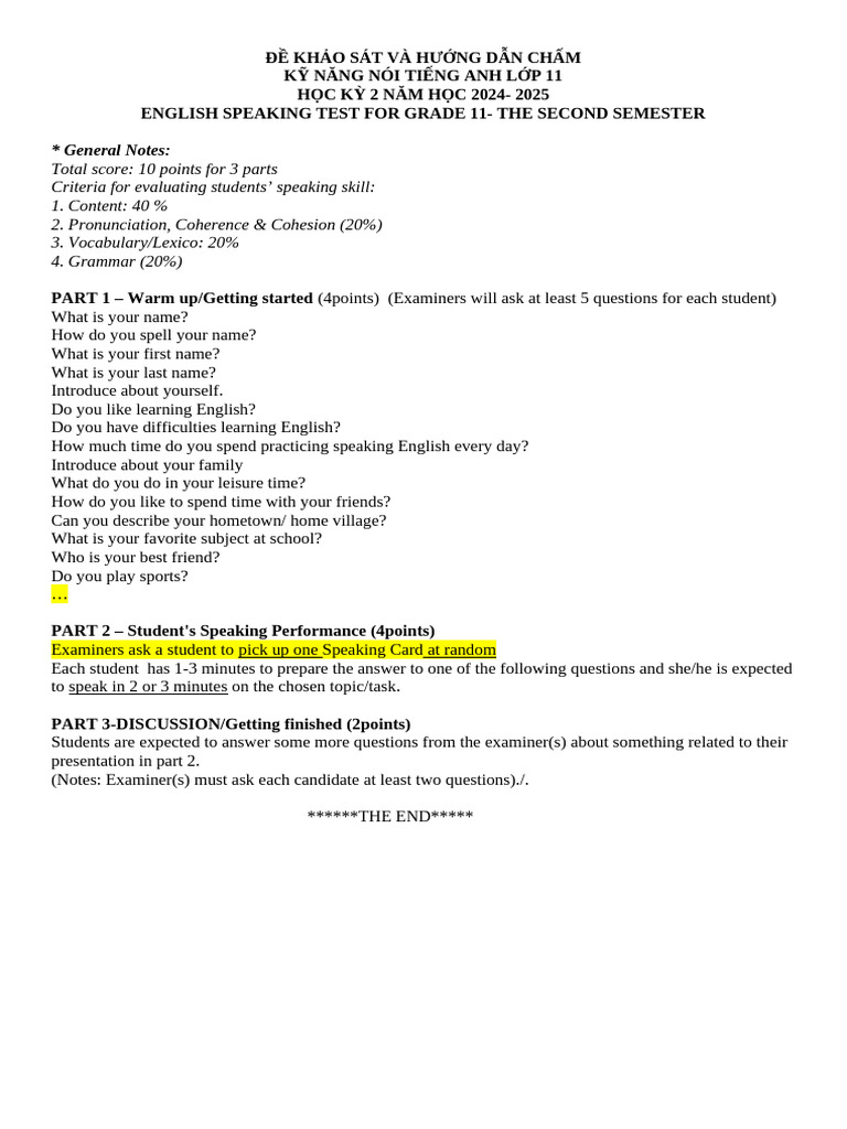 Grade 11 English Speaking Test Guide | PDF | Bullying | Learning
