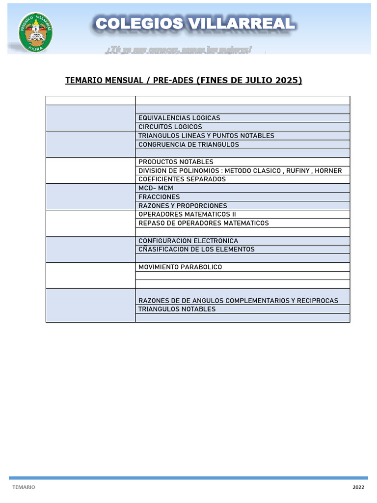 Temario 2022 para Colegios Villarreal | PDF