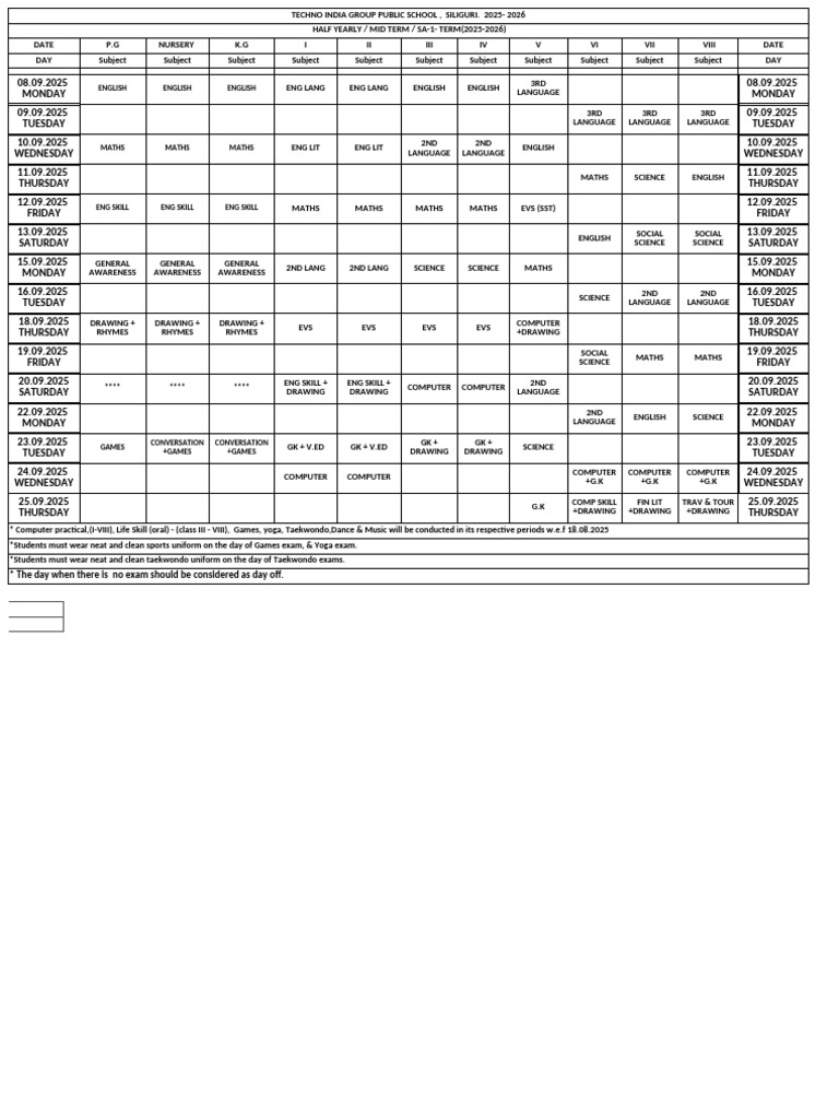 Class 9 Mid Term Date Sheet 2025-26 | PDF | Liberal Arts Education ...