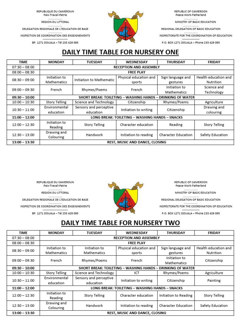 Time Table - Nursery One and Two 2021-2022 | PDF
