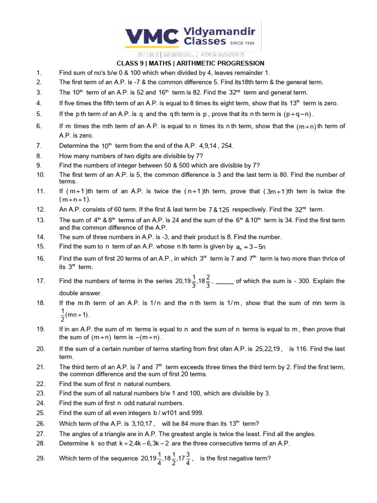 Class 9 Maths: Arithmetic Progression Problems | PDF | Elementary ...