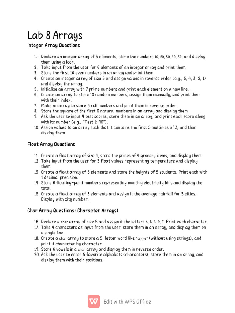 Lab 9 Arrays Student Tasks Spring 25 | PDF