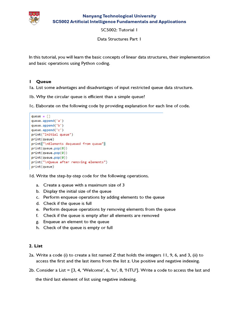 SC5002 Data Structures Tutorial 1 | PDF