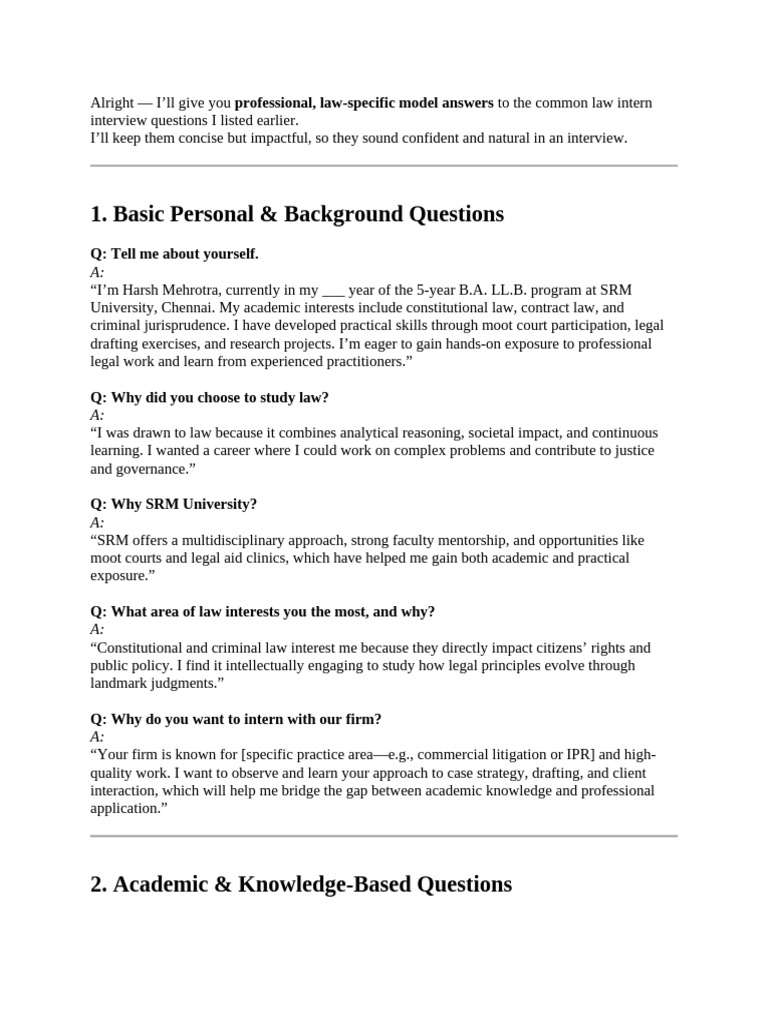 Law Intern Interview Q&A Guide | PDF | Intellectual Property | Mens Rea