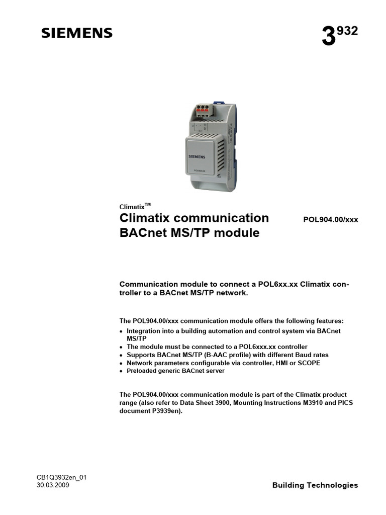 Climatix BACnet MS/TP Module Overview | PDF | Electrical Connector ...