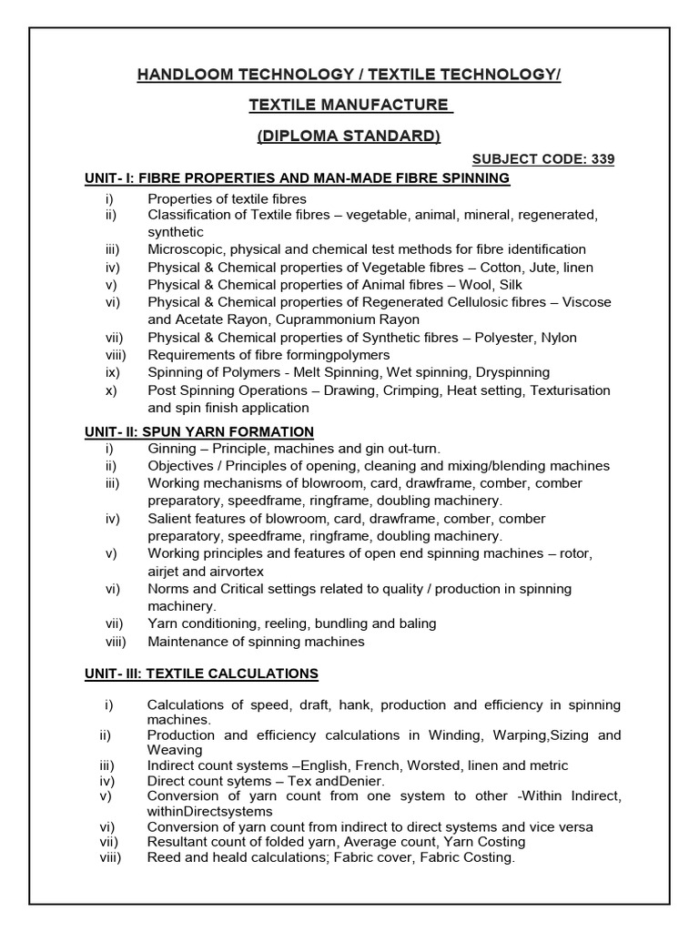 Diploma in Textile Technology Syllabus | PDF | Spinning (Textiles) | Loom