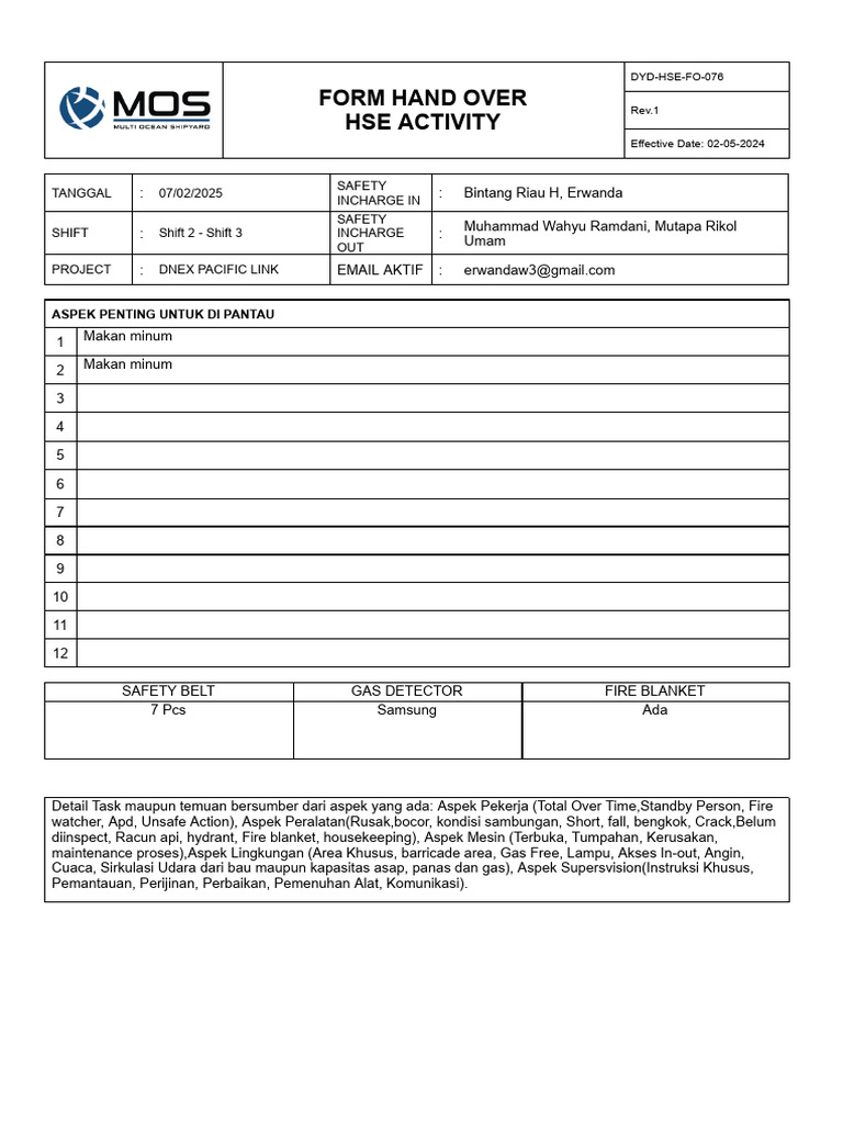 Form Hand Over Hse Actifity 07-02-2025 | PDF
