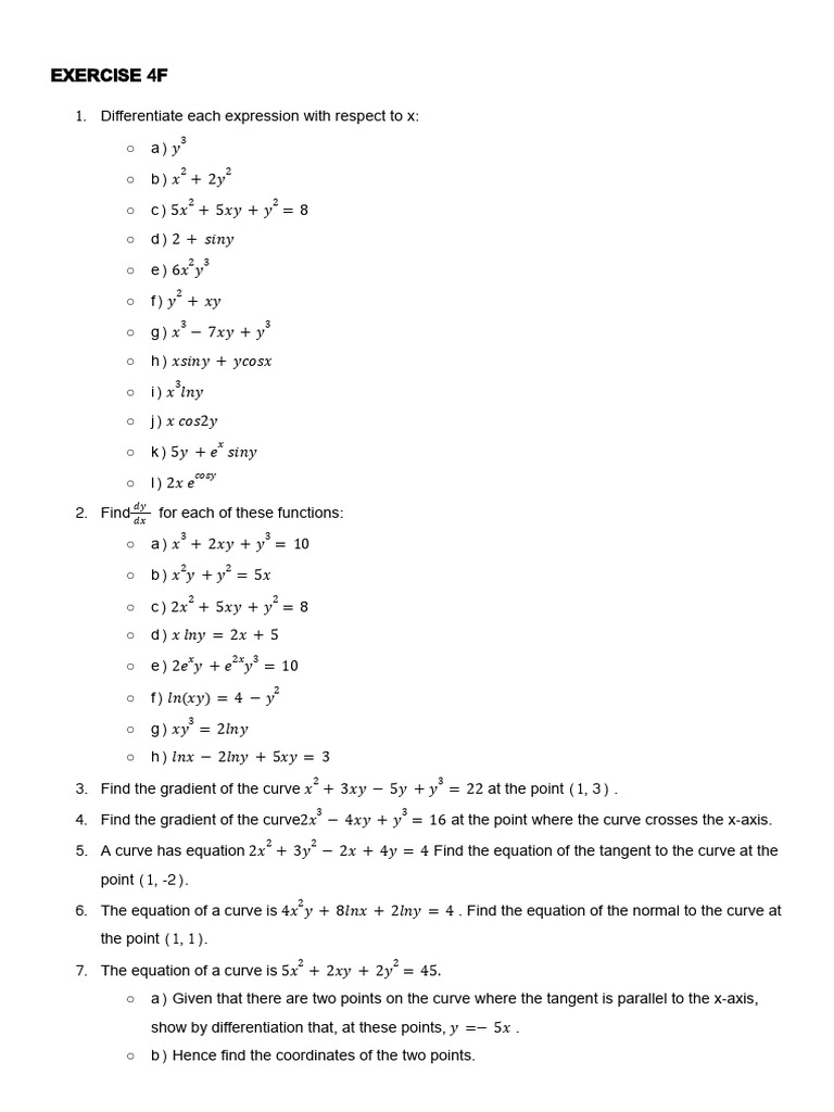 Calculus Differentiation Exercises | PDF | Tangent | Gradient