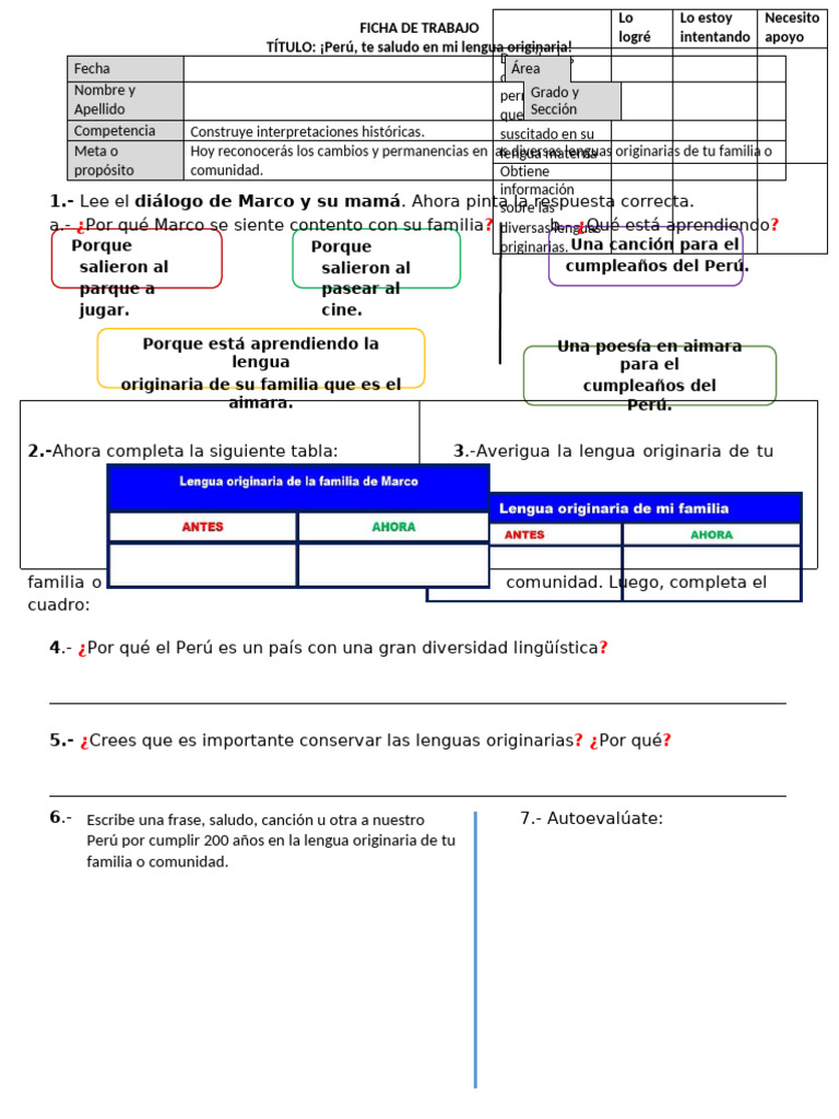 Ficha de Trabajo Personal Social Martes 20 Julio 1 | PDF | Lingüística