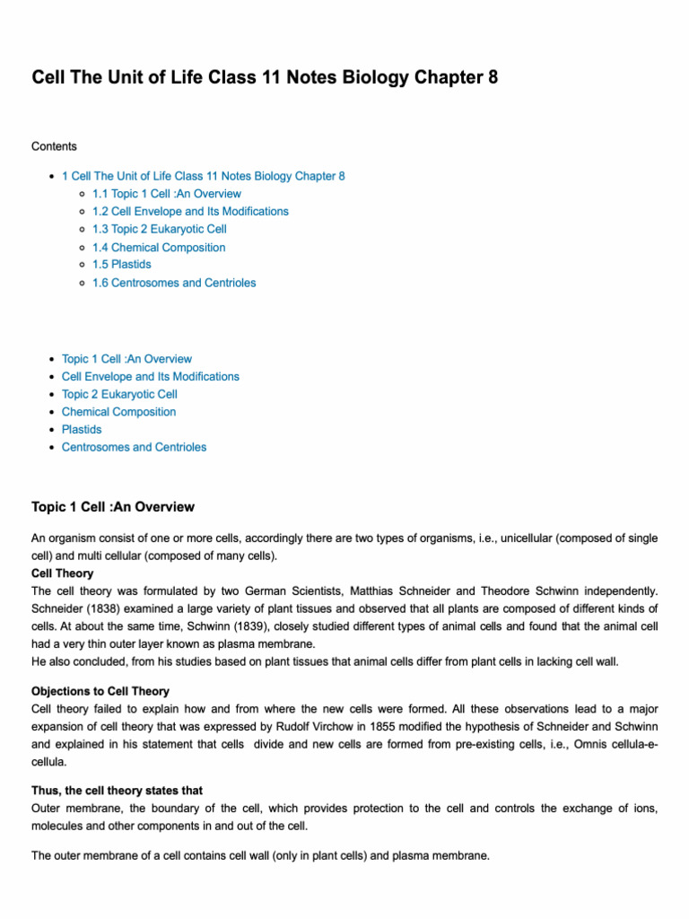 Cell The Unit of Life Class 11 Notes Biology Chapter 8 | PDF | Cell ...