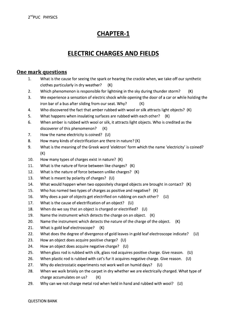 Electric Charges - Question Bank-PU Board | PDF