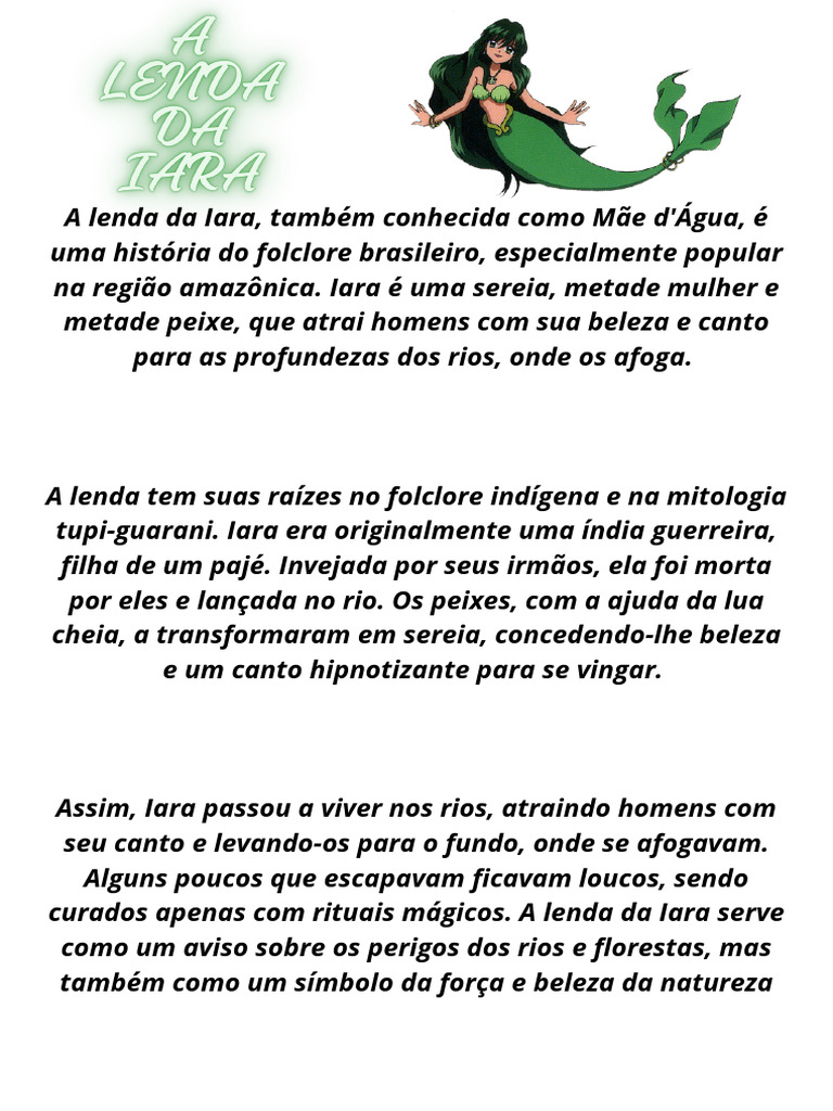 A Lenda Da Iara Também Conhecida Como Mãe D água é Uma História Do