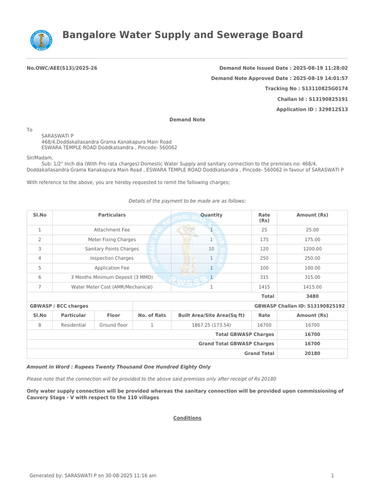 Demand Note for Water Connection | PDF | Plumbing | Water Supply