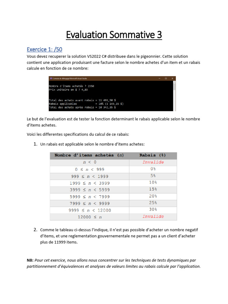 Évaluation C# : Calcul de rabais et tests | PDF