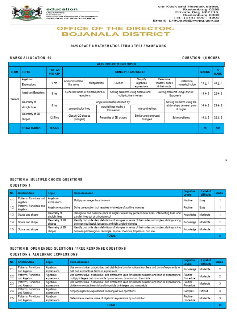 Grade 8 Term 3 Maths Test Framework | PDF | Algebra | Equations