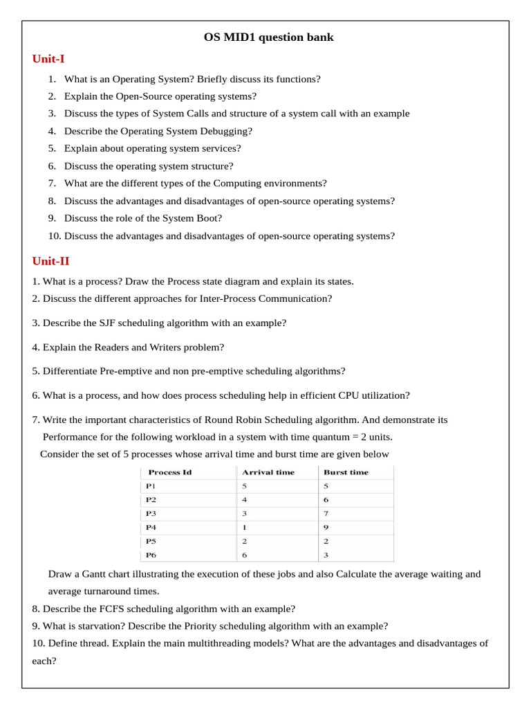 OS MID1 Question Bank Overview | PDF
