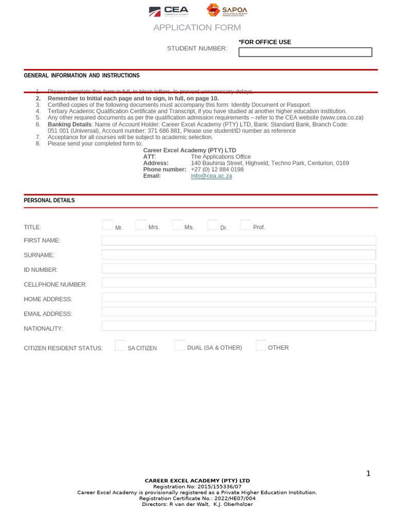 Career Excel Academy Application Form | PDF | Fee | Indemnity