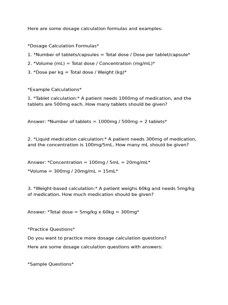 Dosage Calculation Formulas and Examples | PDF | Dose (Biochemistry ...