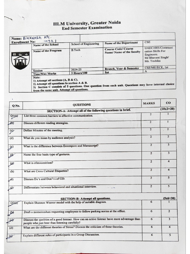 Communication Skills Paper 1st Year | PDF