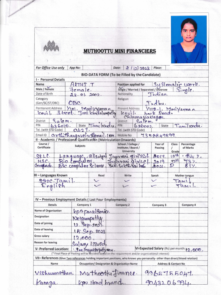 Candidate Bio-Data Form Template | PDF