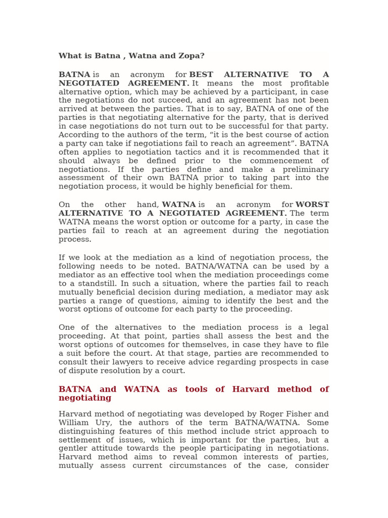 Understanding BATNA, WATNA, and ZOPA | PDF | Negotiation