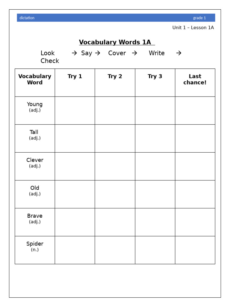 Grade 1 Dictation Vocabulary Lists | PDF