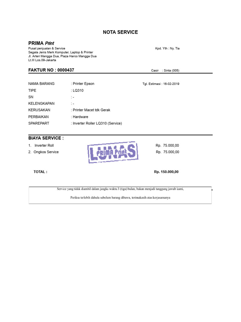 Nota Service Printer Epson LQ310 | PDF