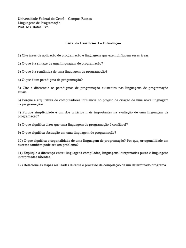 Exercícios sobre Linguagens de Programação | PDF