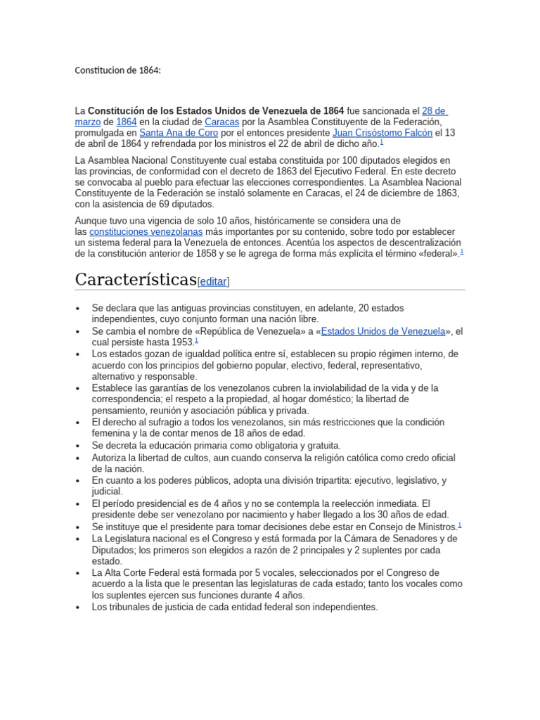Constitución de 1864: Federalismo en Venezuela | PDF