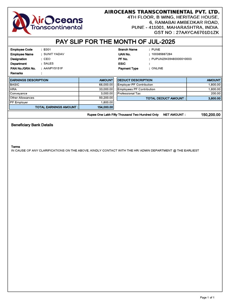 Sunit Yadav Payroll Slip Jul-2025 | PDF
