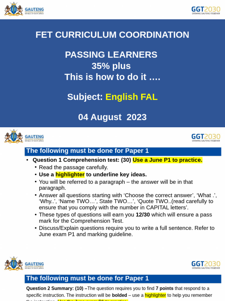 English FAL Exam Preparation Guide | PDF | Question | Verb