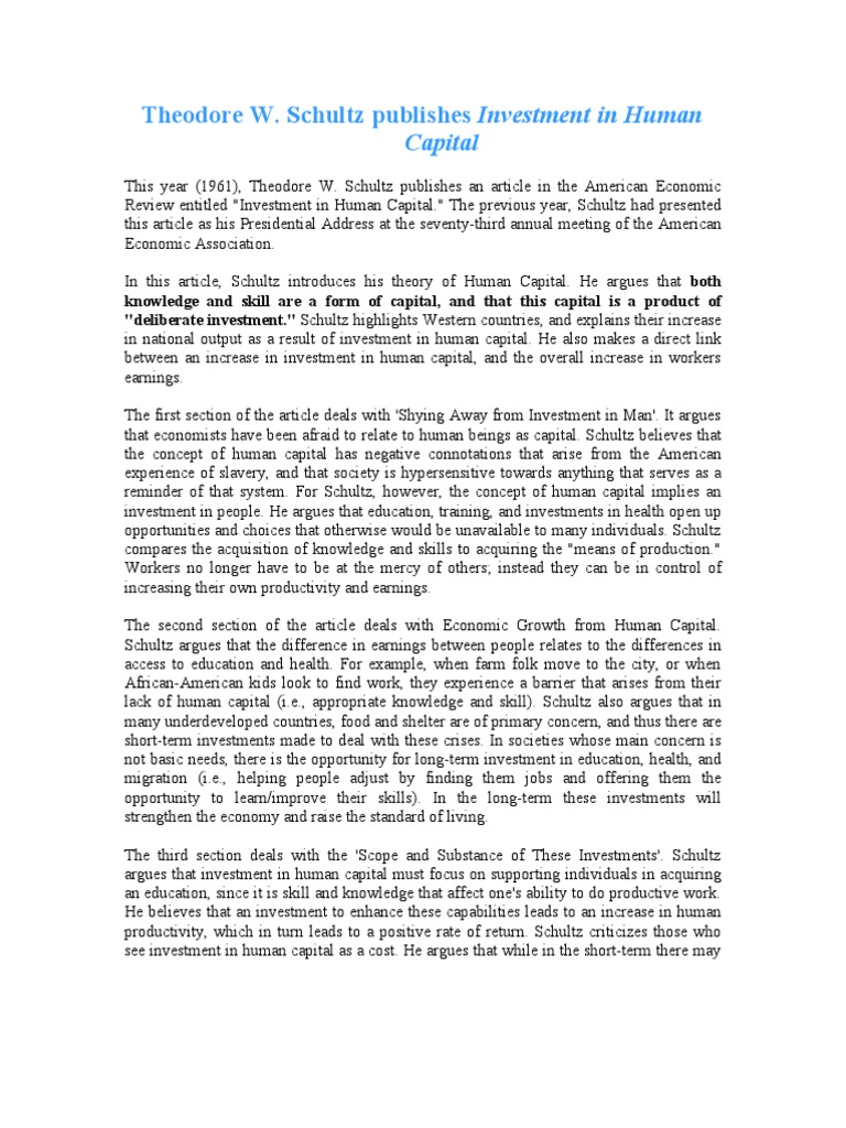 Human Capital Investment - Theodore W | PDF | Human Capital | Capital