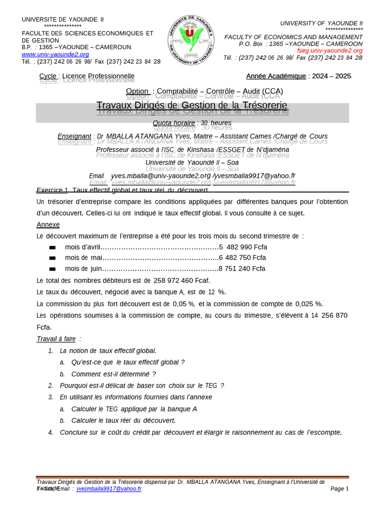 Travaux Dirigés de Gestion de La Trésorerie - L3 - CCA - 2025 | PDF ...