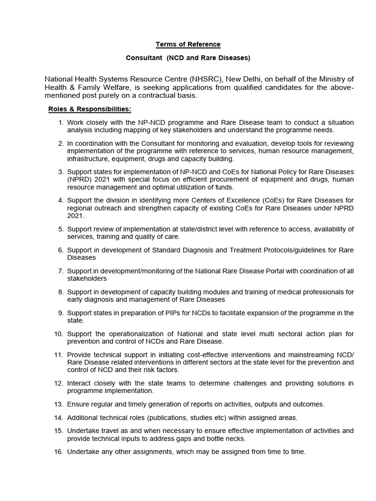 Final TOR Consultant (NCD and Rare Diseases) | PDF