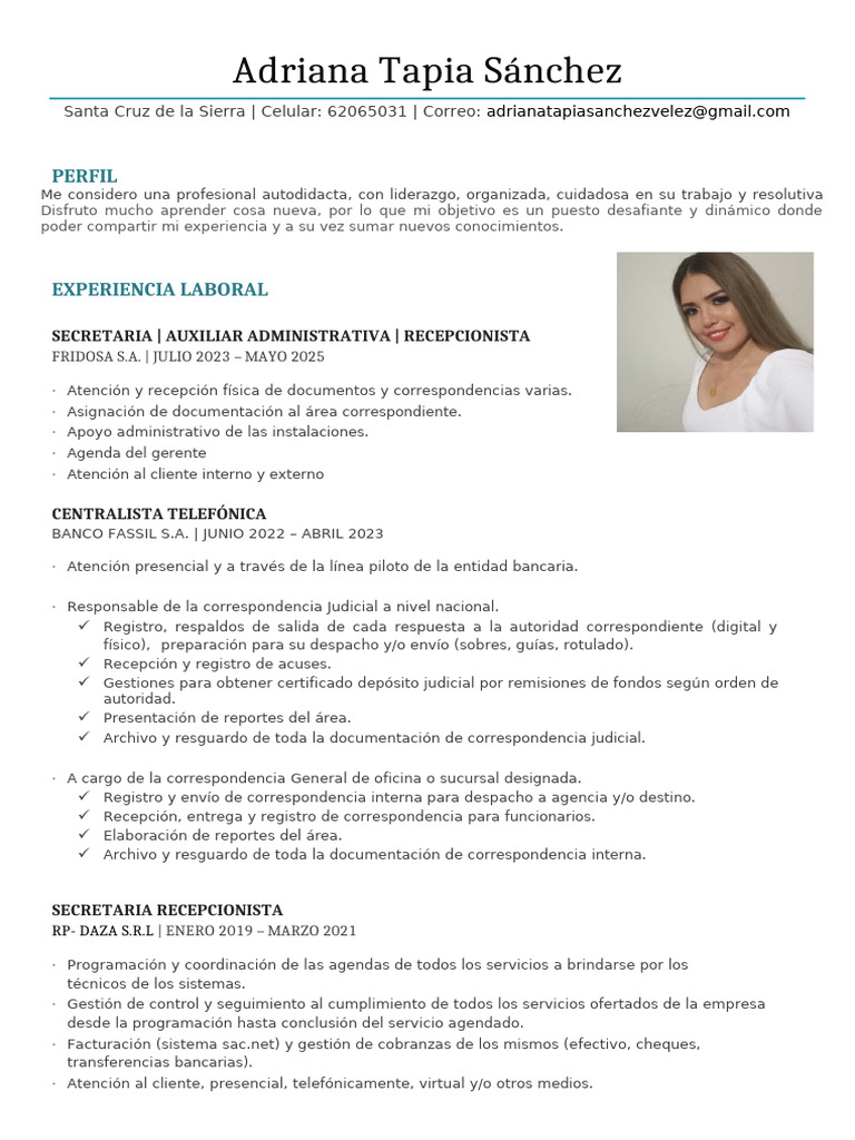 Perfil Profesional de Adriana Tapia Sánchez | PDF