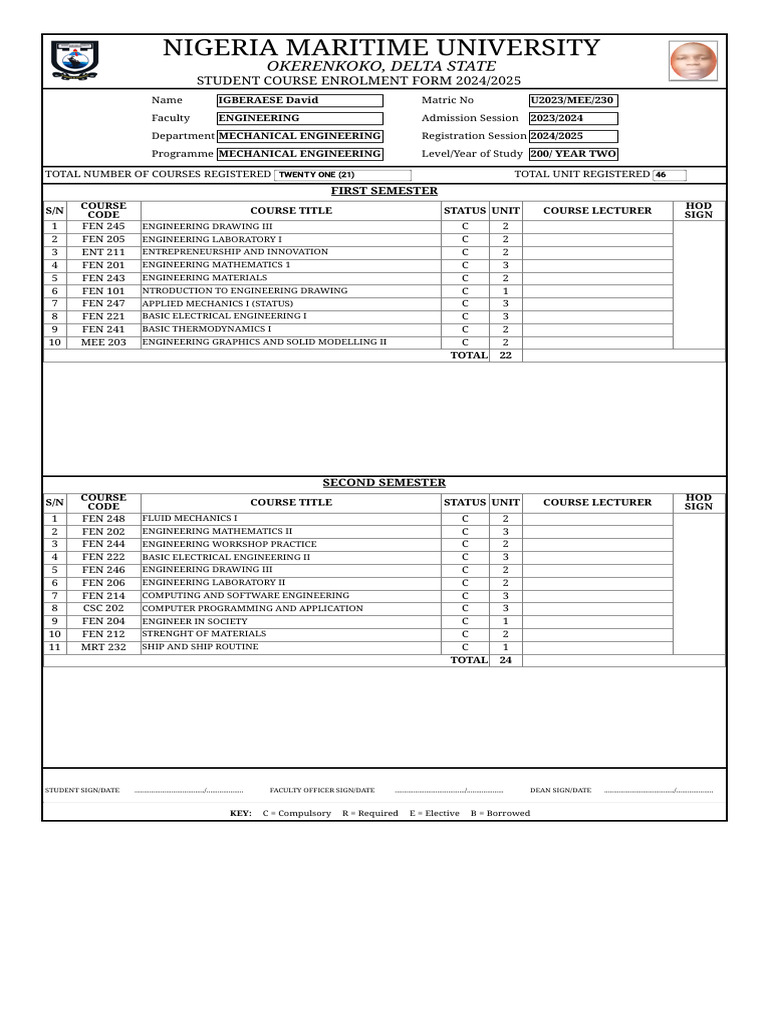2024/2025 Student Course Enrollment Form | PDF | Engineering