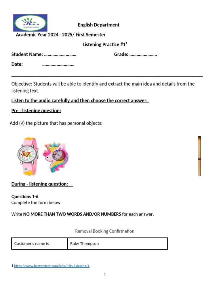 Listening Practice 1 First SEMESTER | PDF