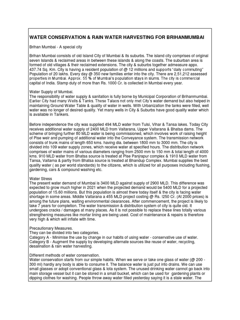 Water Conservation & Rain Water Harvesting For Brihanmumbai | PDF ...
