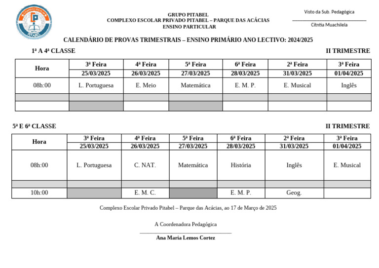 Calendário de Provas 2024/2025 Pitabel | PDF